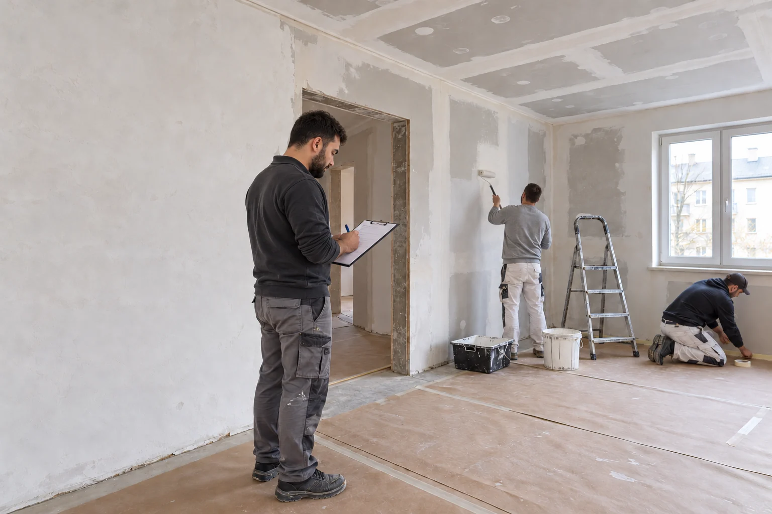 Enis prüft seitlich stehend ein Klemmbrett; zwei Handwerker arbeiten im Hintergrund an einer Wohnraumsanierung