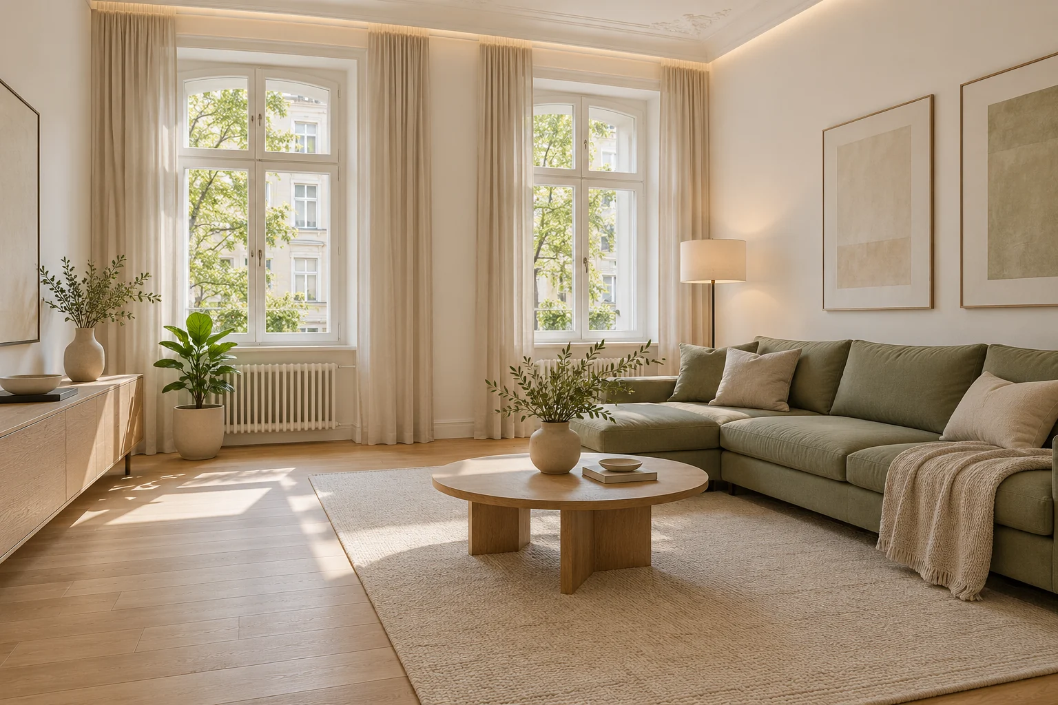 Heller Wohnraum mit Eichenboden, hohen Fenstern und salbeigrünem Sofa